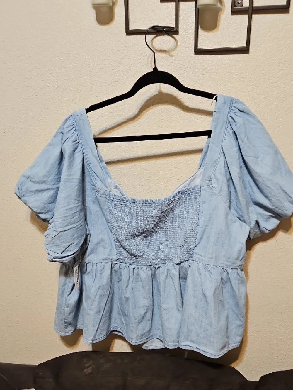 Old Navy Light Blue Square Neck Puff Sleeve Peplum Top